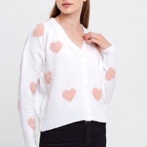 Chic White Cardigan with Pink Heart Accents OS Med-Large